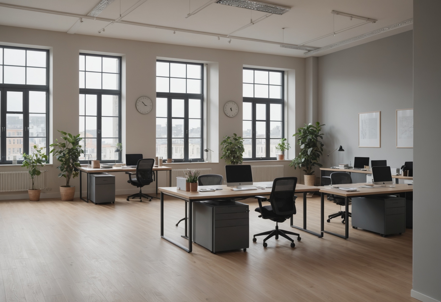 An empty modern office with rows of desks and tall windows