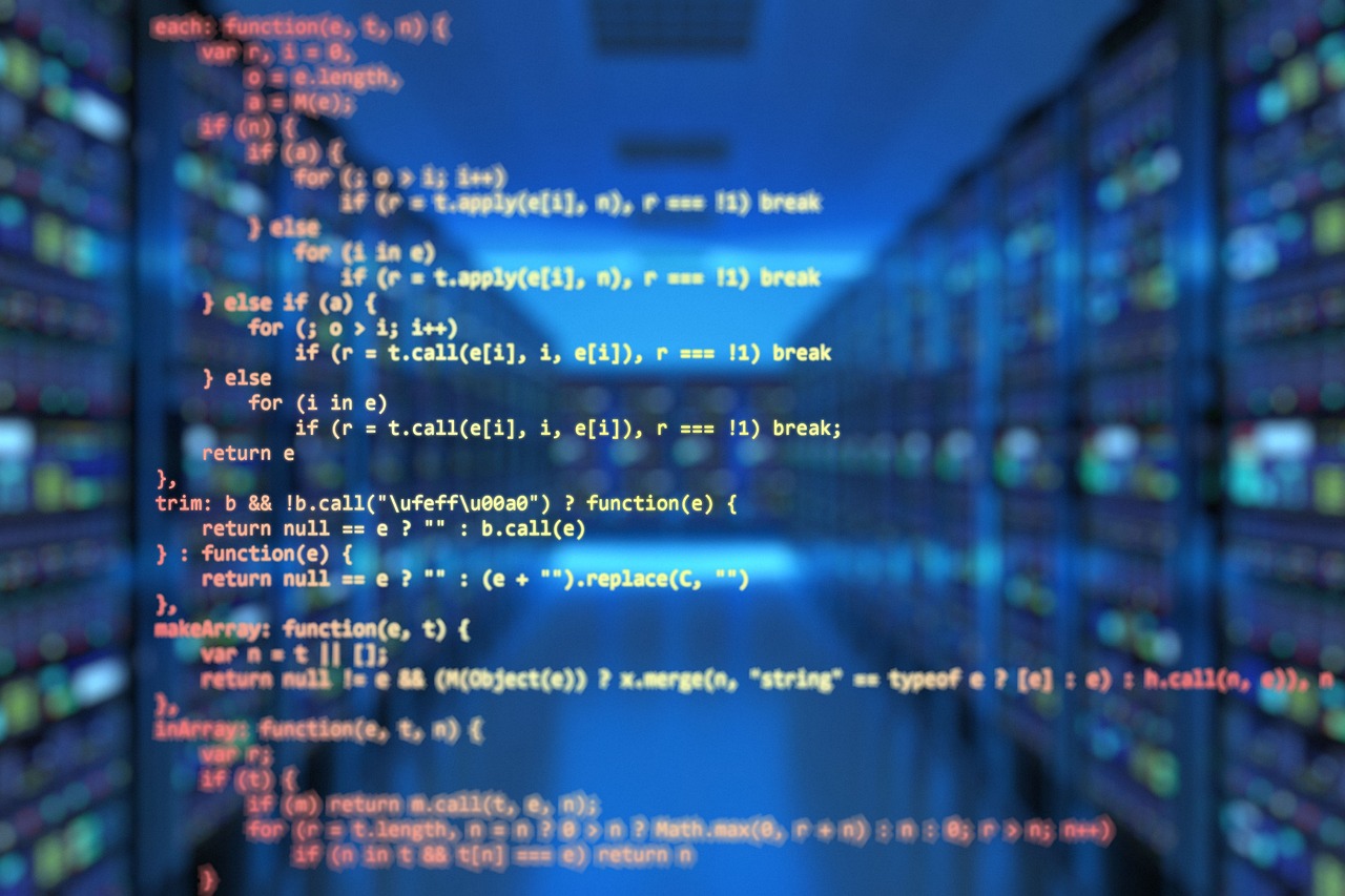 Server racks in a blurred data center corridor, with code overlaid