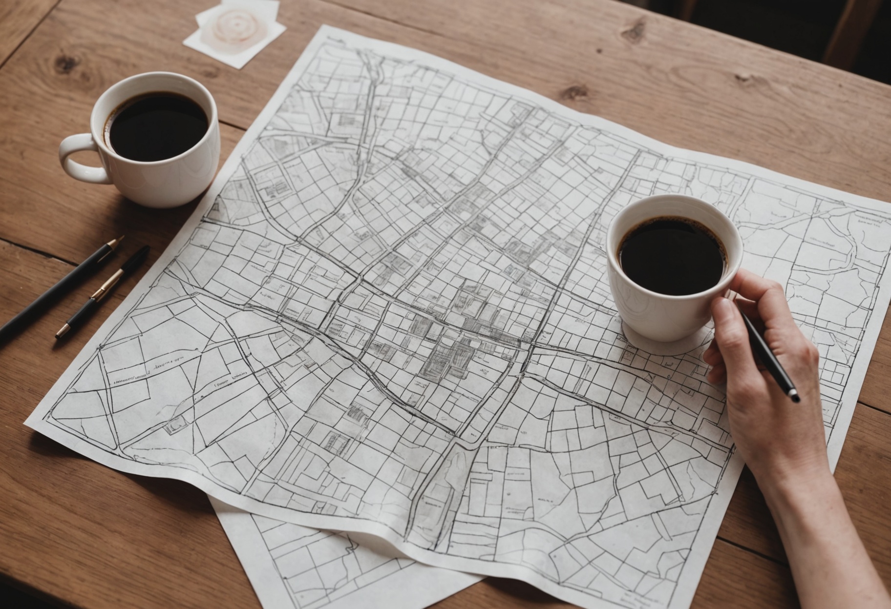A paper street map on a wooden table beside a pen and a coffee cup