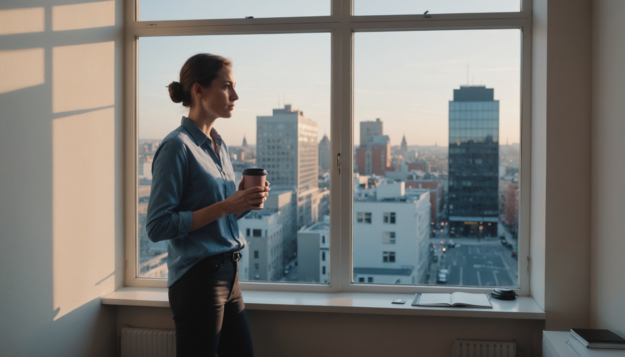 A business owner standing at an office window with a coffee mug