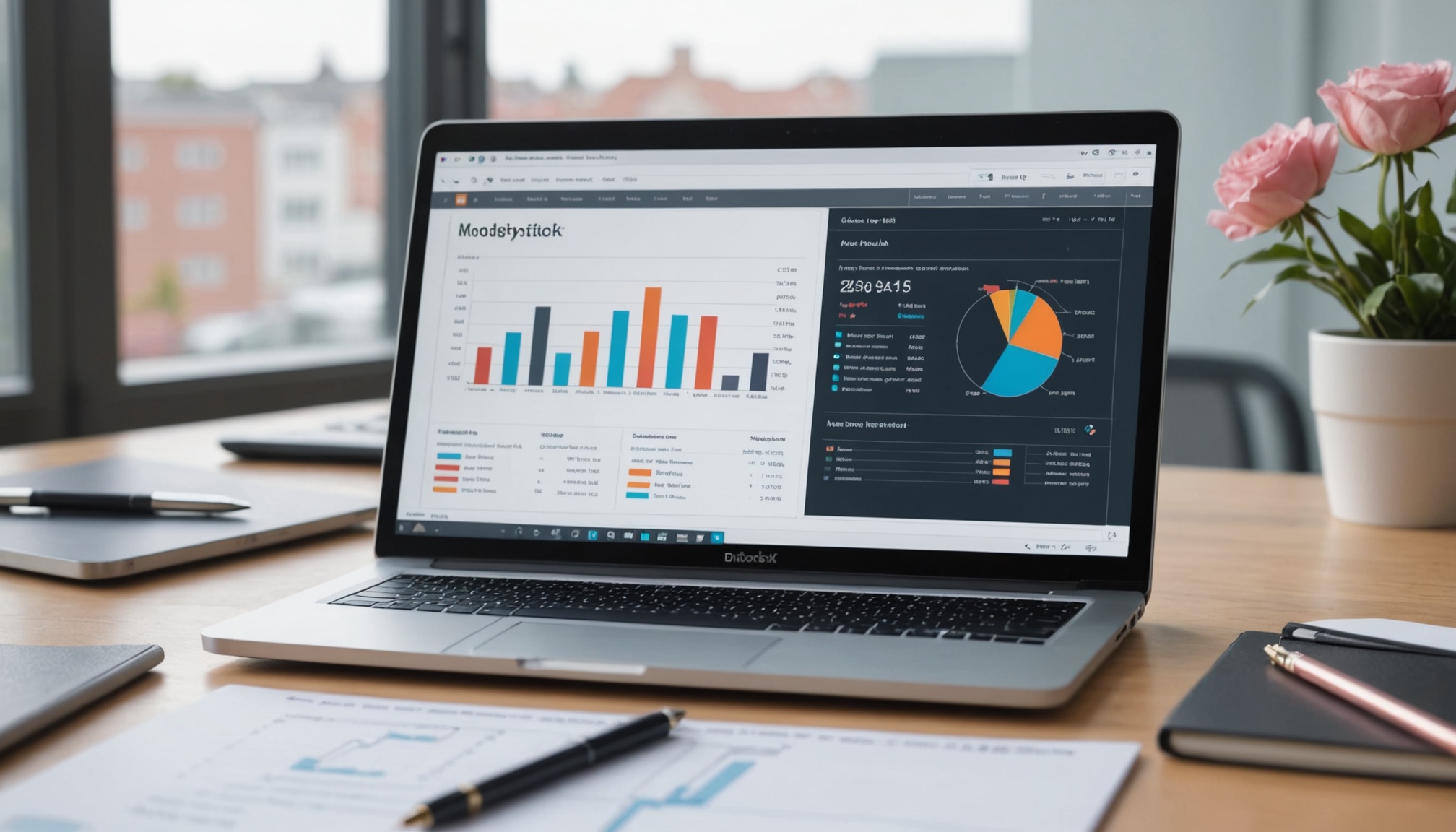 A laptop on a tidy office desk showing a web analytics dashboard