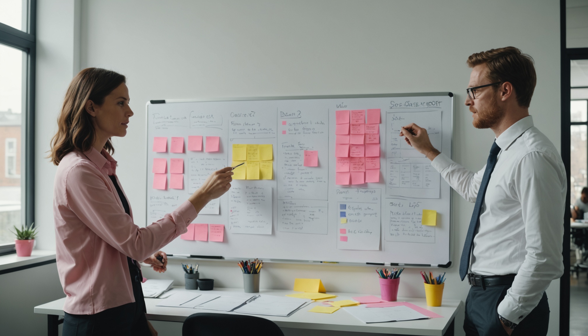Two people at a whiteboard covered in sticky notes, one of them pointing at a plan drawn on it