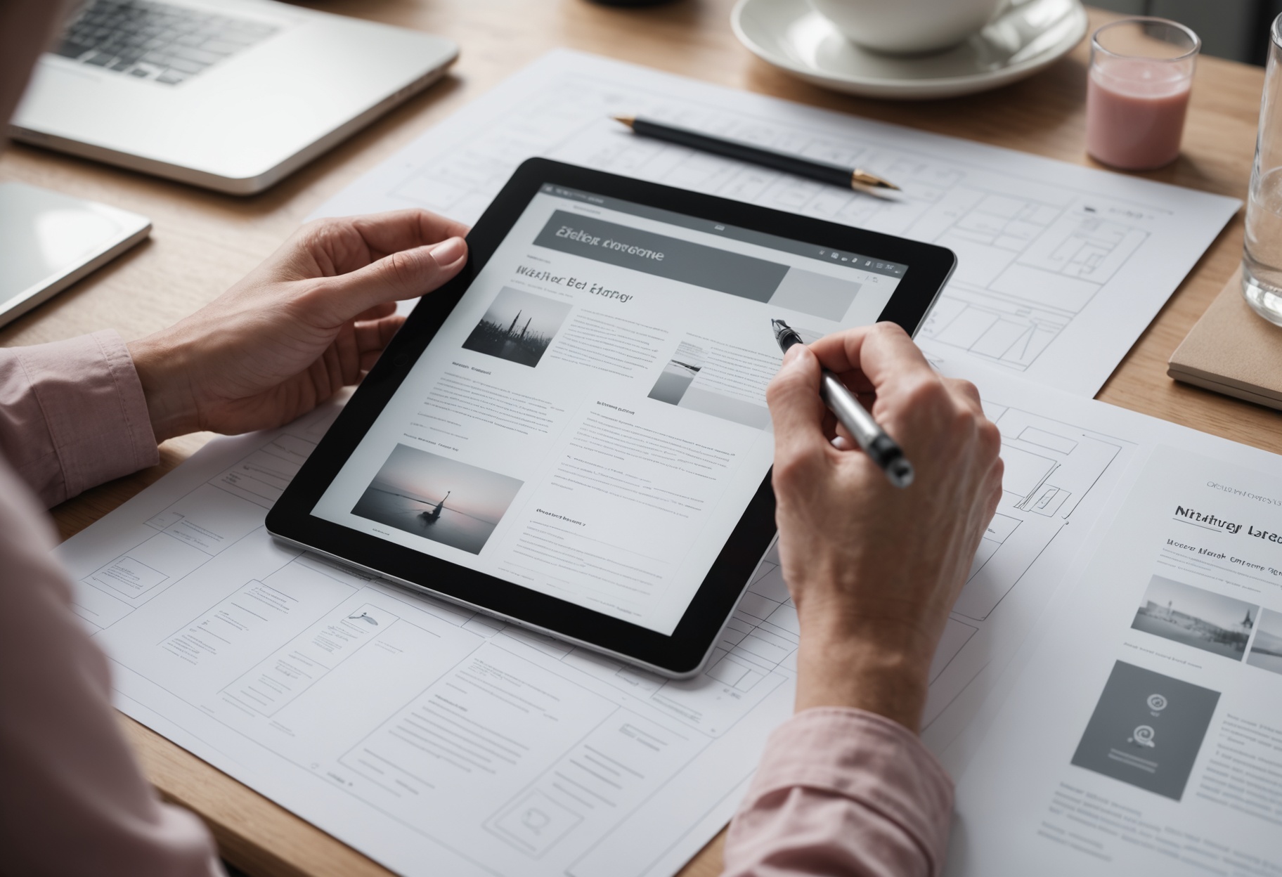 Hands arranging a printed website wireframe beside a tablet on a clean desk