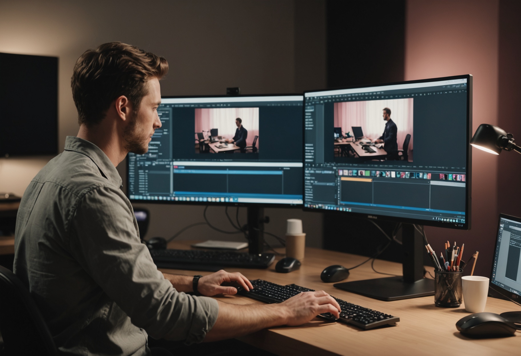 A video editor at a dual-monitor workstation cutting a promotional clip