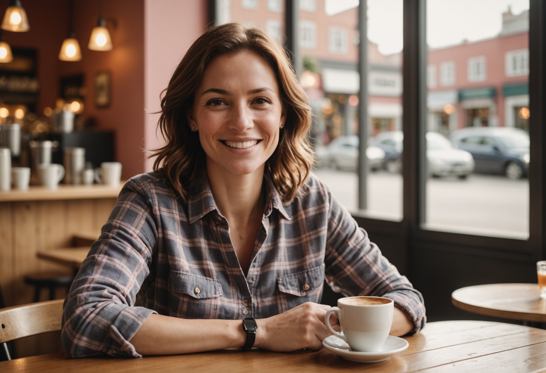 A smiling woman in a plaid shirt with a coffee cup in a sunlit cafe