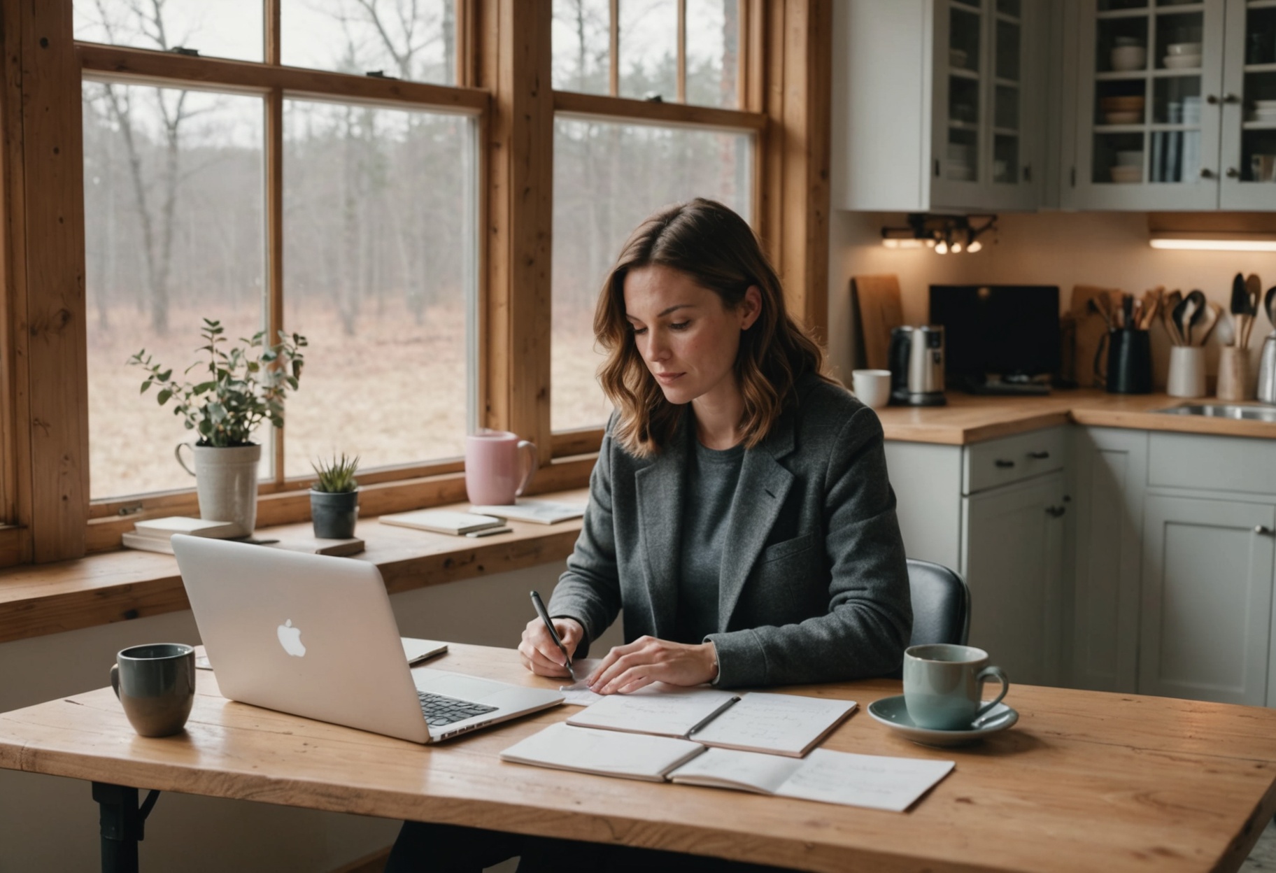 A woman typing at a laptop beside handwritten notes on a wooden table