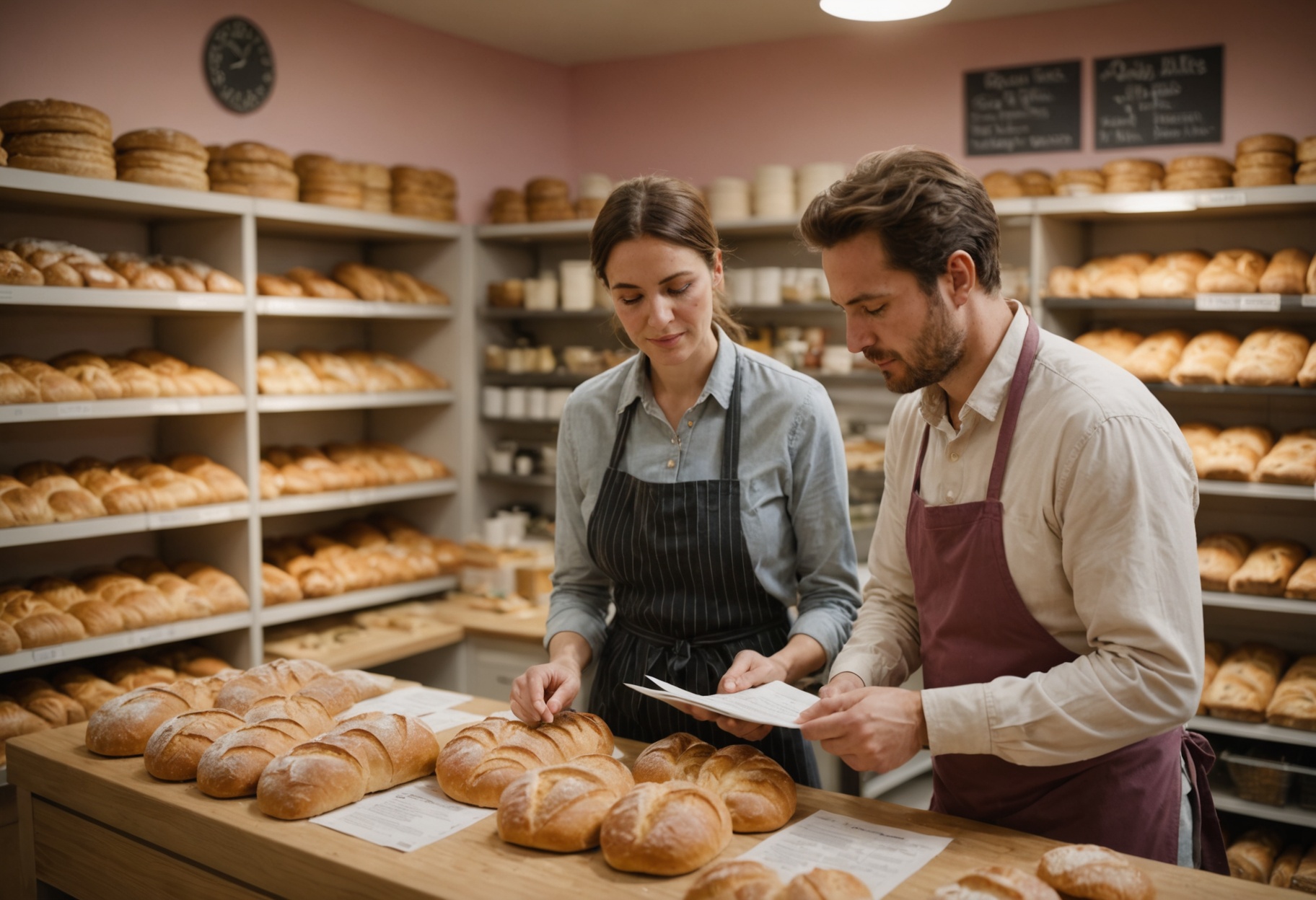 A bakery owner in an apron reviewing a printed sheet with a customer at a shop counter